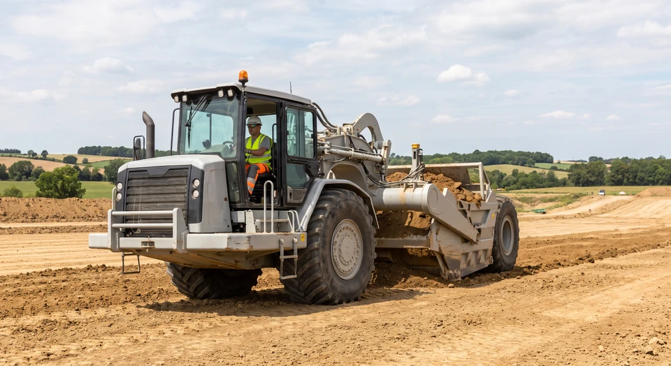 Photographie réaliste d'un scraper tracté en action sur un chantier de terrassement professionnel. La machine, impressionnante par sa taille et sa structure, travaille sur un terrain dégagé, effectuant un décapage de sol. L'engin est clairement visible de profil ou légèrement de trois-quarts, montrant ses caractéristiques distinctives. L'arrière-plan montre un chantier actif avec un ciel dégagé. La photo est prise en lumière naturelle de jour, avec une qualité professionnelle nette et détaillée.
