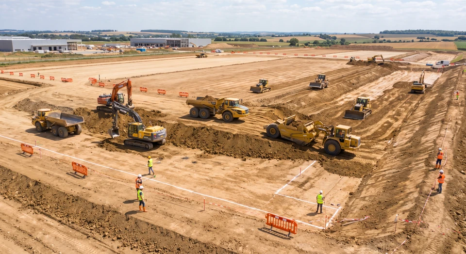 Photographie d'un grand chantier de terrassement en cours de préparation pour plateforme logistique industrielle. Vue aérienne ou semi-aérienne montrant un vaste terrain excavé, avec des engins de terrassement lourds (pelle, scraper ou compacteur) en action, des zones de déblai et remblai clairement visibles, avec cordages de balisage et marquages au sol. Paysage industriel brut, grand ciel dégagé, lumière naturelle forte mettant en évidence l'ampleur du chantier et la rigueur de la préparation du terrain.