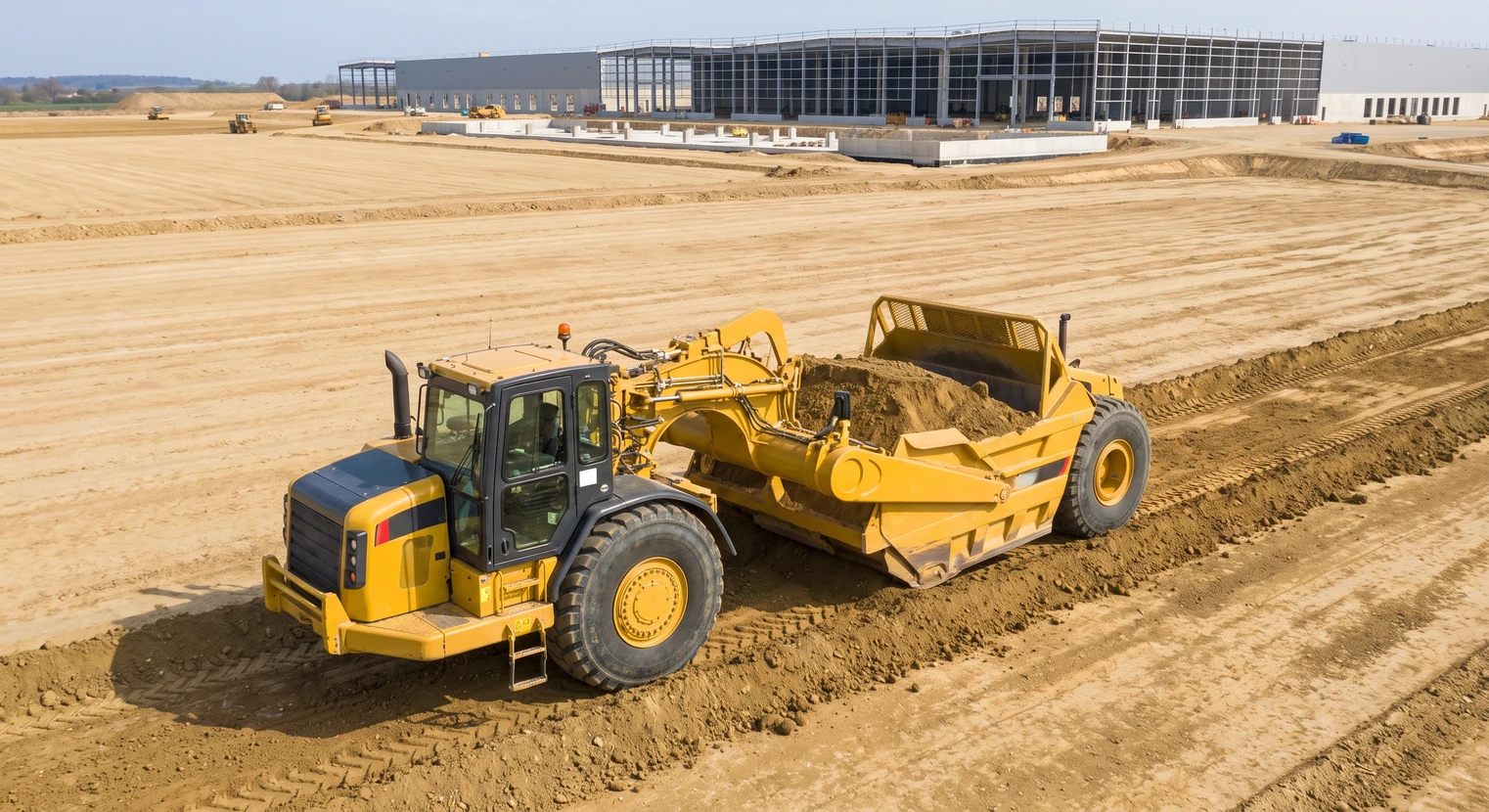 Scraper tracté jaune et noir en action sur un grand chantier de terrassement, remblayant ou excavant des terres, avec ses roues géantes visibles et sa structure caractéristique distinctive. L'engin doit être clairement identifiable comme un scraper (machine combinée d'excavation et de transport) et non une pelleteuse. Arrière-plan : chantier de plateforme logistique ou bâtiment industriel en cours de terrassement, montrant l'ampleur du projet et la modernité du contexte.