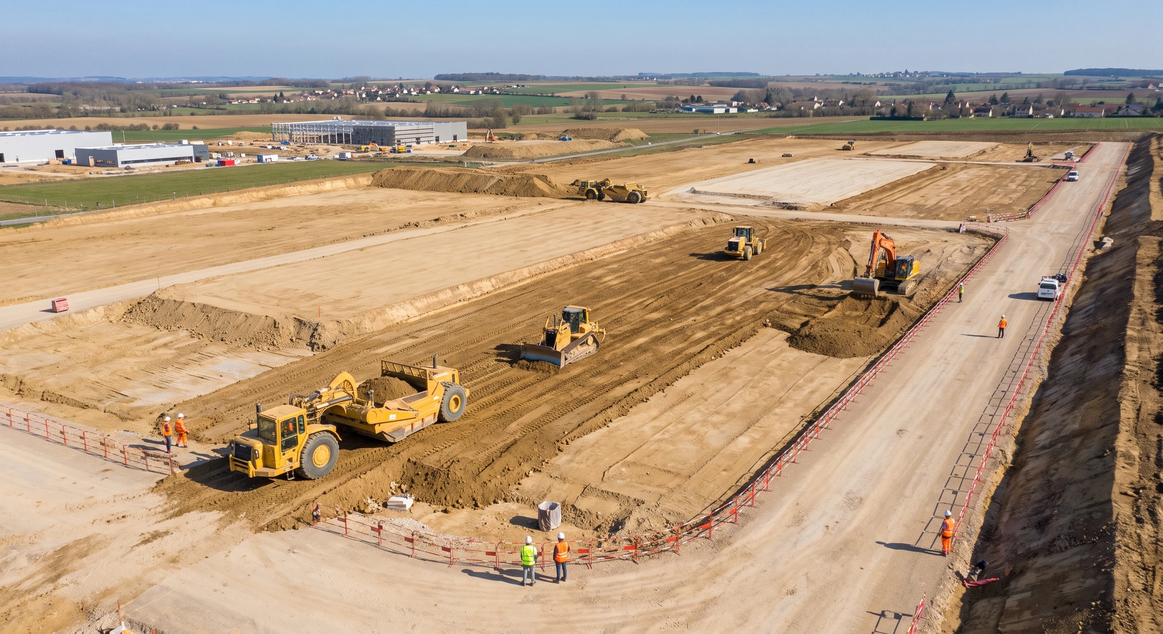 Vue aérienne ou perspective au sol d'un grand chantier de terrassement de plateforme logistique en cours de préparation, montrant des excavations, des travaux de nivellement et de décapage du sol avec des engins de terrassement (pelleteuse, scraper tracté ou bouteur) en action, le tout sur un vaste terrain en cours de transformation avant les fondations, avec des zones earth mouvées et du sol préparé au premier plan.