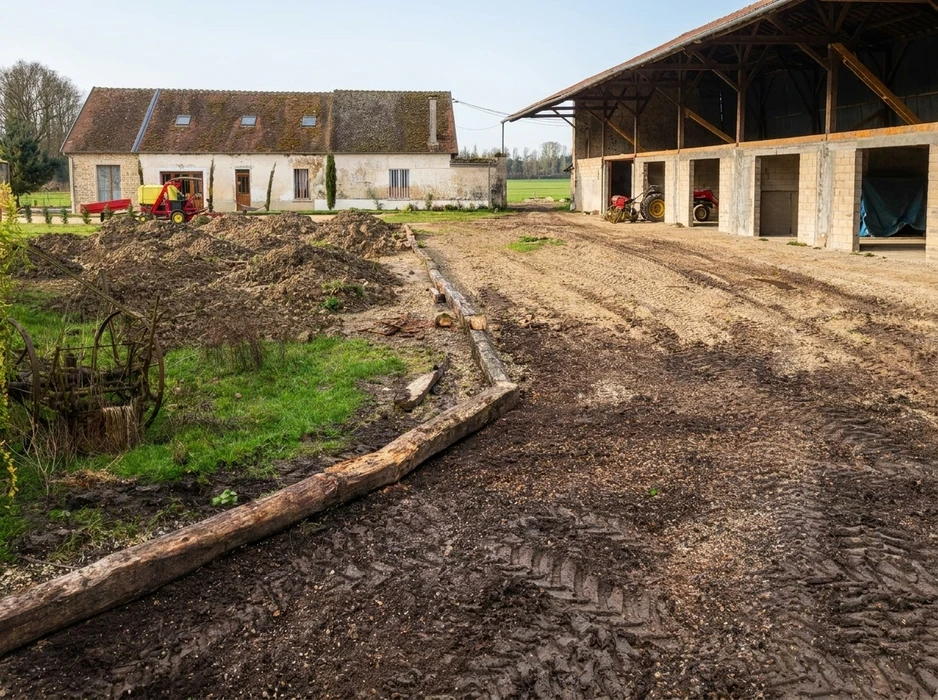 Ferme rurale en rénovation, cour extérieure boueuse avec traces de pneus
