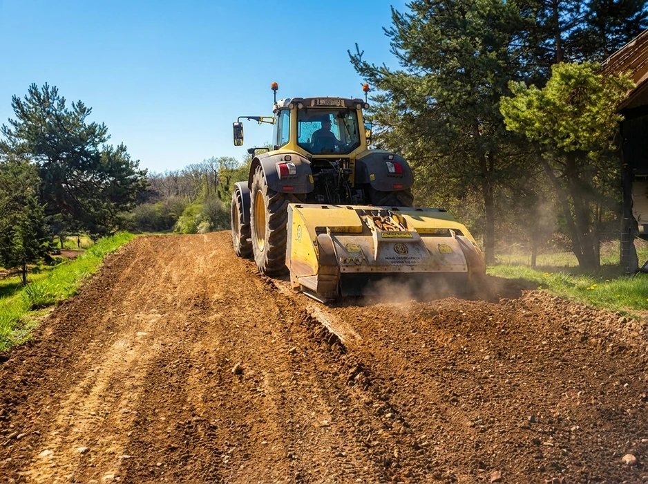 Tracteur agricole jaune équipé d'une fraise rotative travaillant un chemin en terre