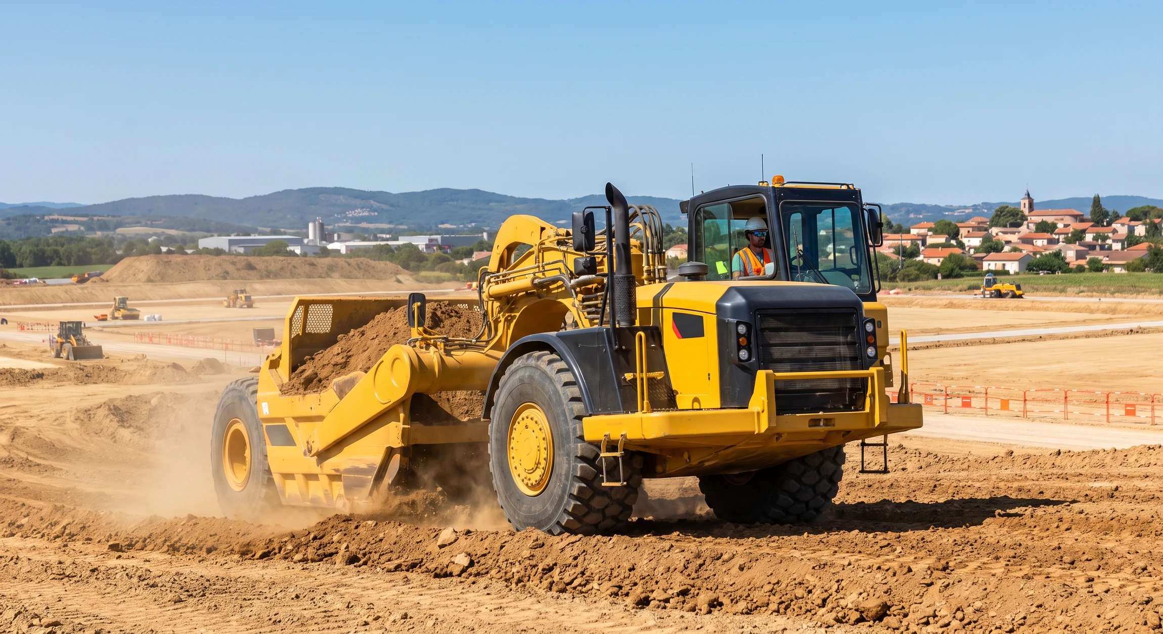Chantier de terrassement de grande envergure en extérieur photographié de jour, montrant un scraper tracté (engin articulé jaune et noir de grande dimension) en action sur un vaste terrain, soulevant et transportant de la terre, avec un ciel dégagé et du terrain excavé visible en arrière-plan. L'image doit clairement mettre en avant la machine distinctive et sa capacité de travail impressionnante.