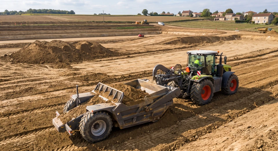 Photographie d'un scraper tracté en action sur un chantier de terrassement, montrant la machine décapant et nivelant la terre sur une grande surface. La machine doit être clairement visible avec son système de traction et de décapage en fonctionnement. Le chantier occupe l'arrière-plan avec de larges surfaces de terre remaniée, montrant les volumes importants déplacés. Lumière naturelle de jour, image nette et professionnelle.