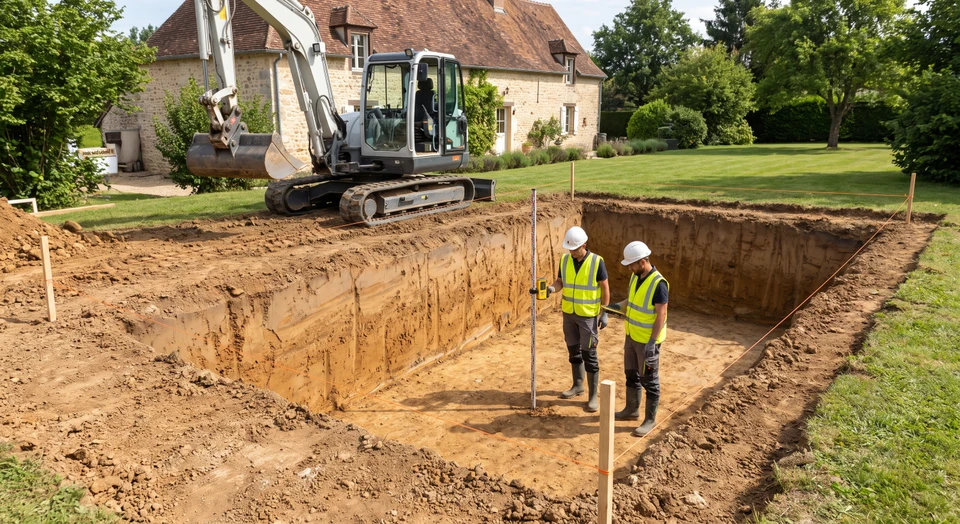 Chantier de terrassement en cours pour excavation de piscine : vue d'une fouille rectangulaire fraîchement creusée dans le sol, avec des parois nettes et régulières, des niveaux de terre bien définis et marqués, montrant la précision du travail de terrassement. On peut voir des équipements de terrassement (pelleteuse ou scraper) en arrière-plan ou à proximité de la fouille. L'image doit mettre en évidence la rigueur, la précision des dimensions et la qualité de préparation du terrain pour les corps de métier suivants. Lumière naturelle de jour, photo réaliste professionnelle.