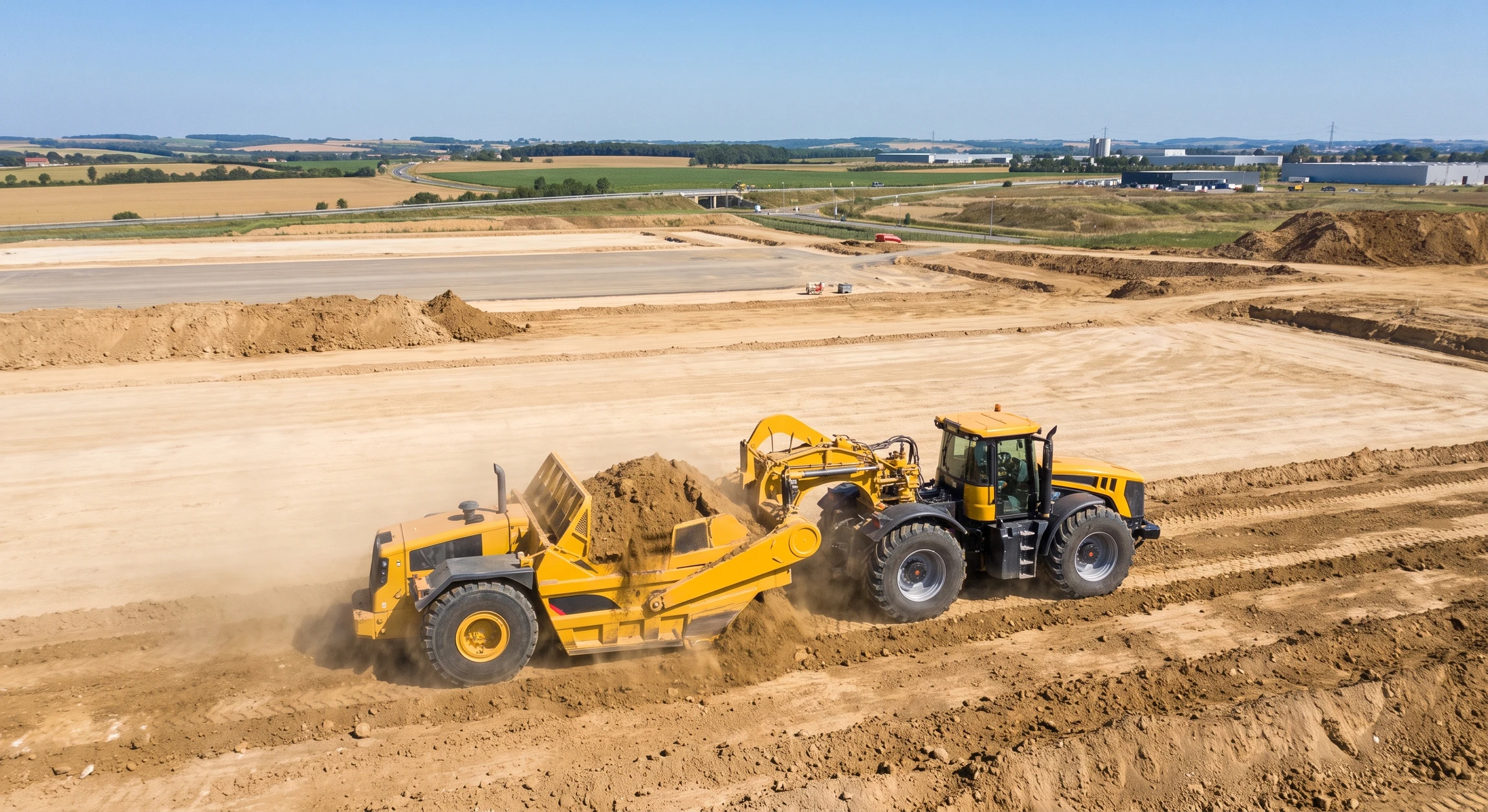 Vue aérienne ou au sol d'une machine scraper tracté en action sur un grand chantier de terrassement, soulevant et déplaçant des masses impressionnantes de terre. L'engin doit être clairement visible et actif, idéalement dans un environnement de plateforme logistique ou de construction industrielle, avec un paysage de chantier visible (terres excavées, zones nivelées, ciel dégagé). L'image doit transmettre la puissance, l'efficacité et la polyvalence de cet équipement ultra-rare.