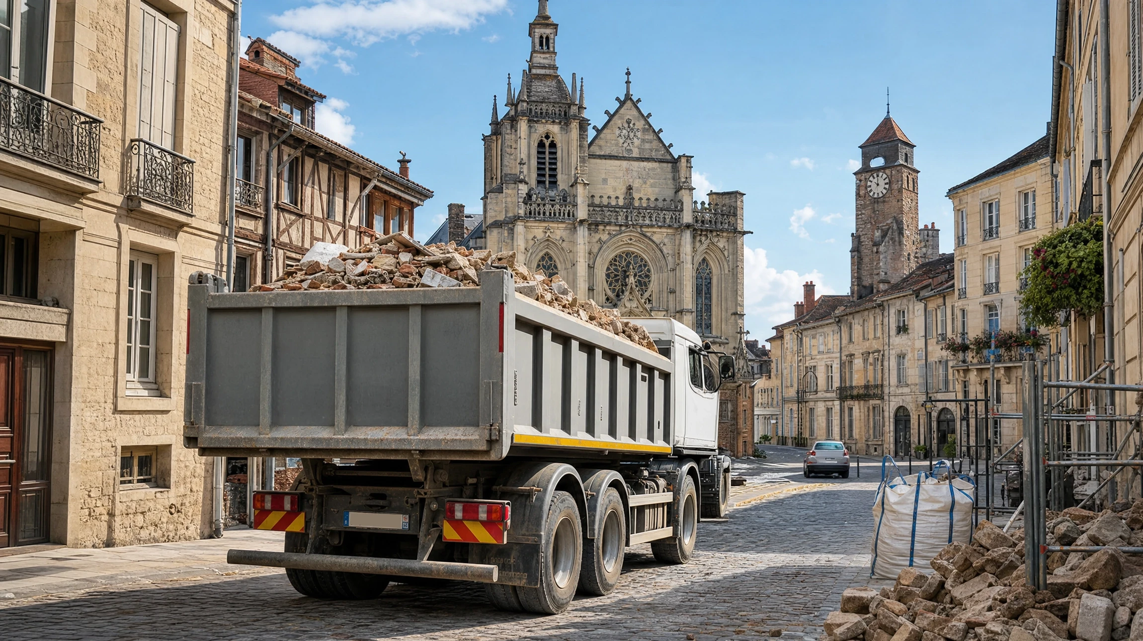 Chantier extérieur en zone boisée avec camion-benne déchargeant du gravier gris sur terrain herbeux
