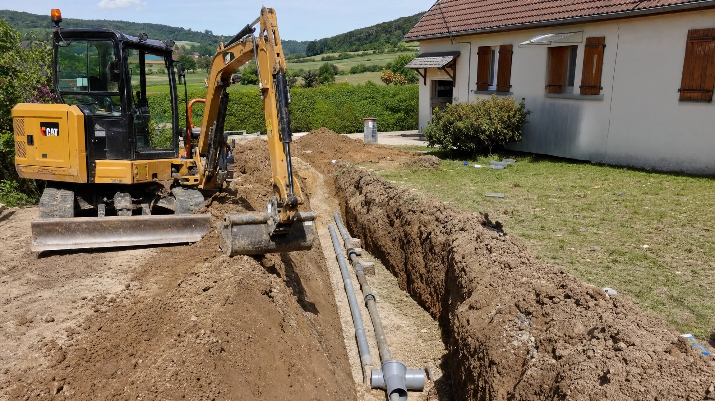Deux ouvriers équipés de casques de sécurité orange travaillent à genoux sur un chantier extérieur, effectuant des opérations de maintenance ou réparation sur une canalisation bleue enterrée dans le sol sablonneux
