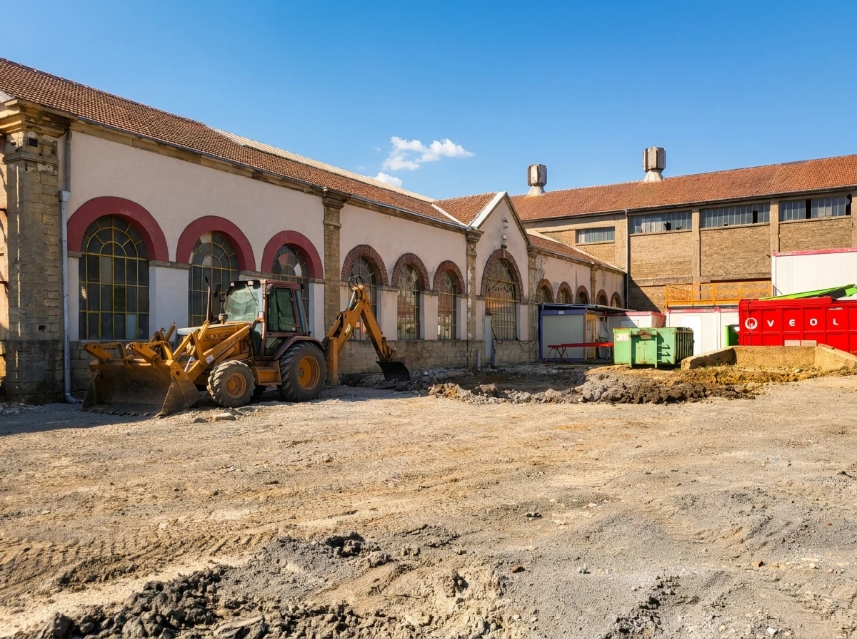 Chantier de construction extérieur avec compacteur à cylindre vibrant jaune en premier plan compactant sol terreux