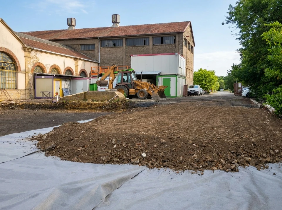 Photographie en vue d'ensemble d'un scraper tracté jaune et noir en fonctionnement sur un grand chantier de terrassement extérieur. La machine est en action, déplaçant de la terre. Le paysage montre un site de chantier avec des monticules de terre, un sol travaillé, et un ciel dégagé. L'angle de prise de vue valorise la taille et la capacité de l'engin, permettant de bien visualiser sa structure caractéristique et sa puissance.